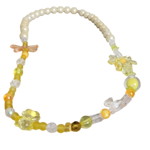 Faux Pearl Coquette Yellow Orange Bear Frosted Glass Clear Barrel Beads Necklace - Picture 6 of 9
